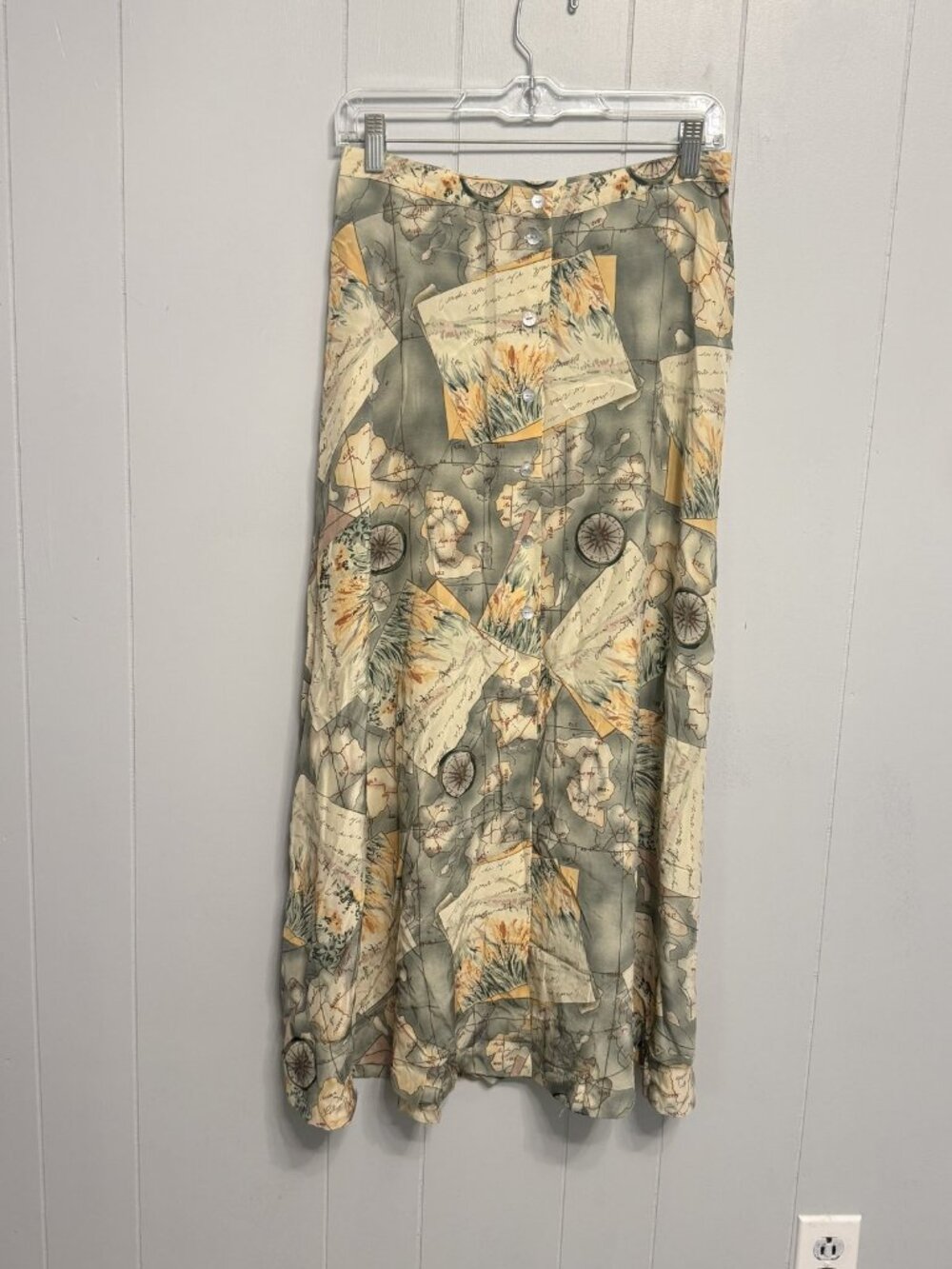 Vintage Rafaella 100% Silk Map Compass Print Button Front Maxi Skirt Size 8